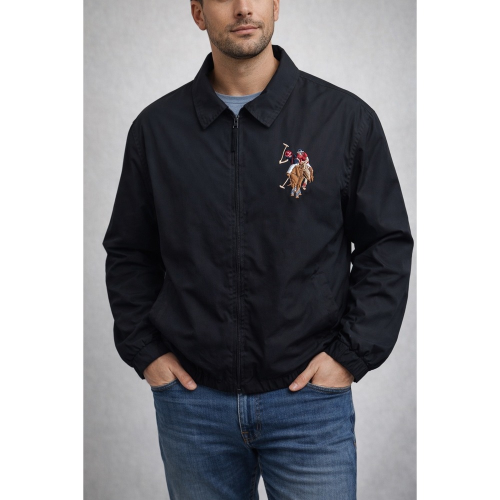 Polo Assn Mens Harrington Jacket XL Black Full Zip Embroidered Logo Windbreaker